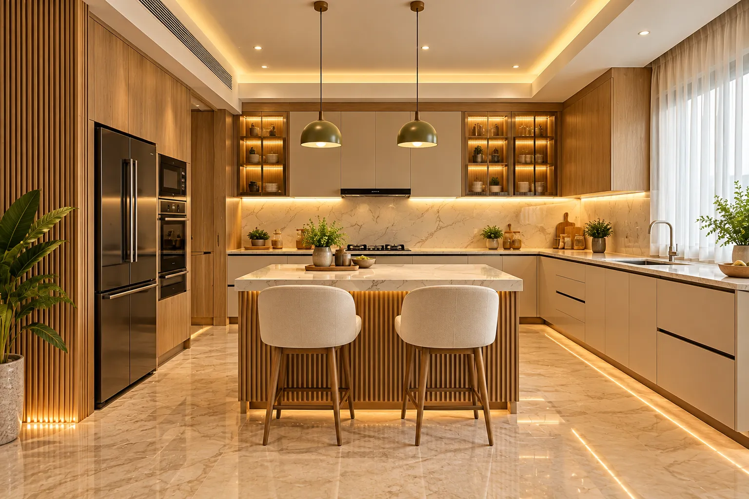 Aarambh modular kitchen with light oak cabinets, marble-top island and warm lighting in a 3 BHK home
