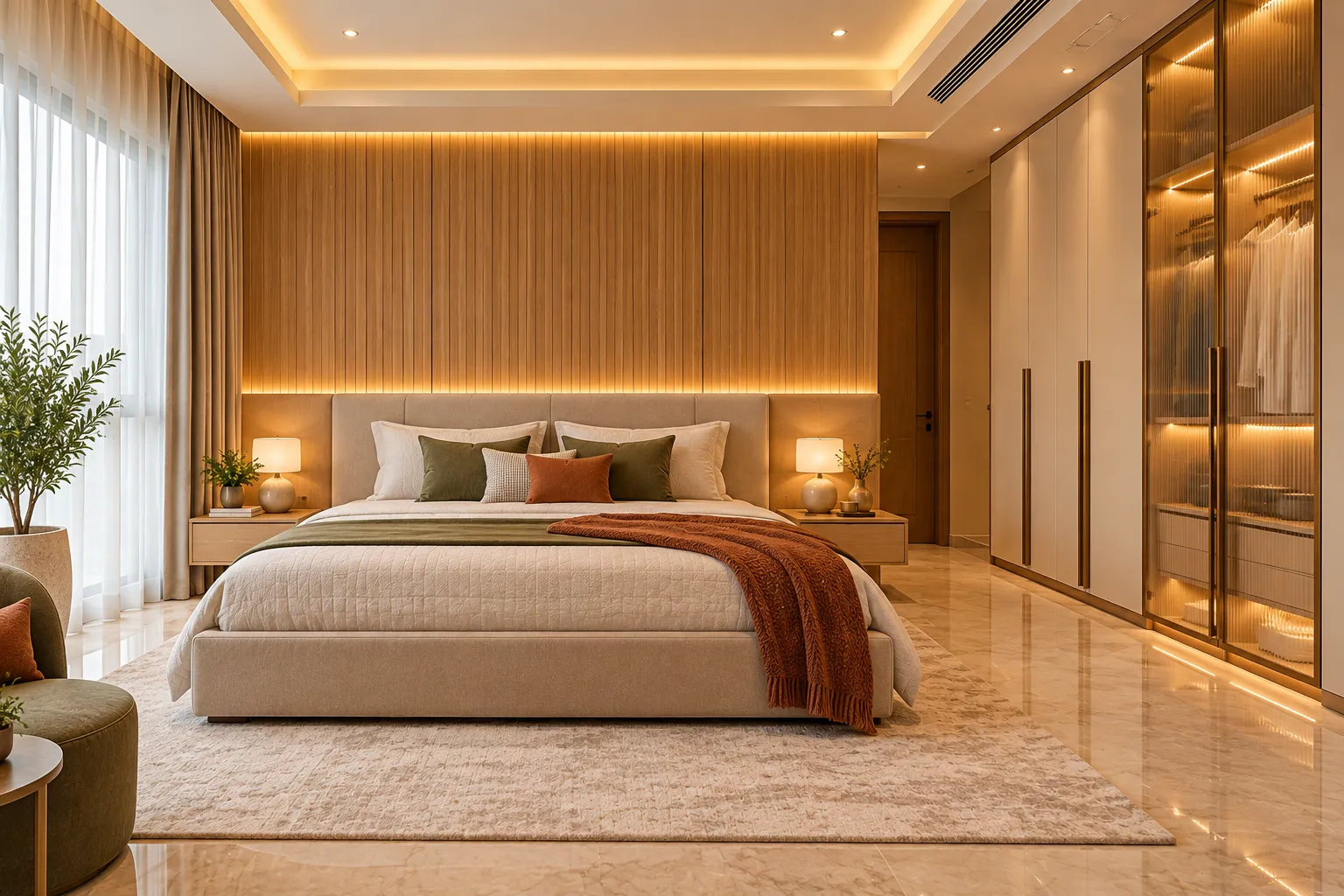 Aarambh master bedroom with fluted oak wall panel, upholstered bed and full-height modular wardrobe