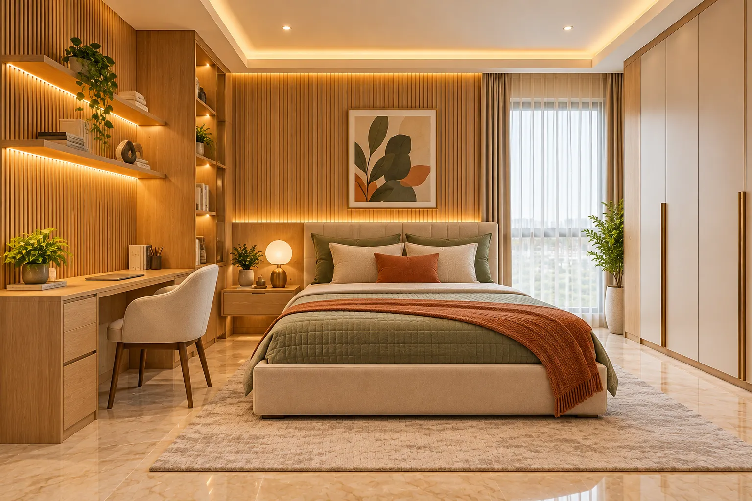 Aarambh bedroom with built-in oak study unit, floating shelves and modular wardrobe