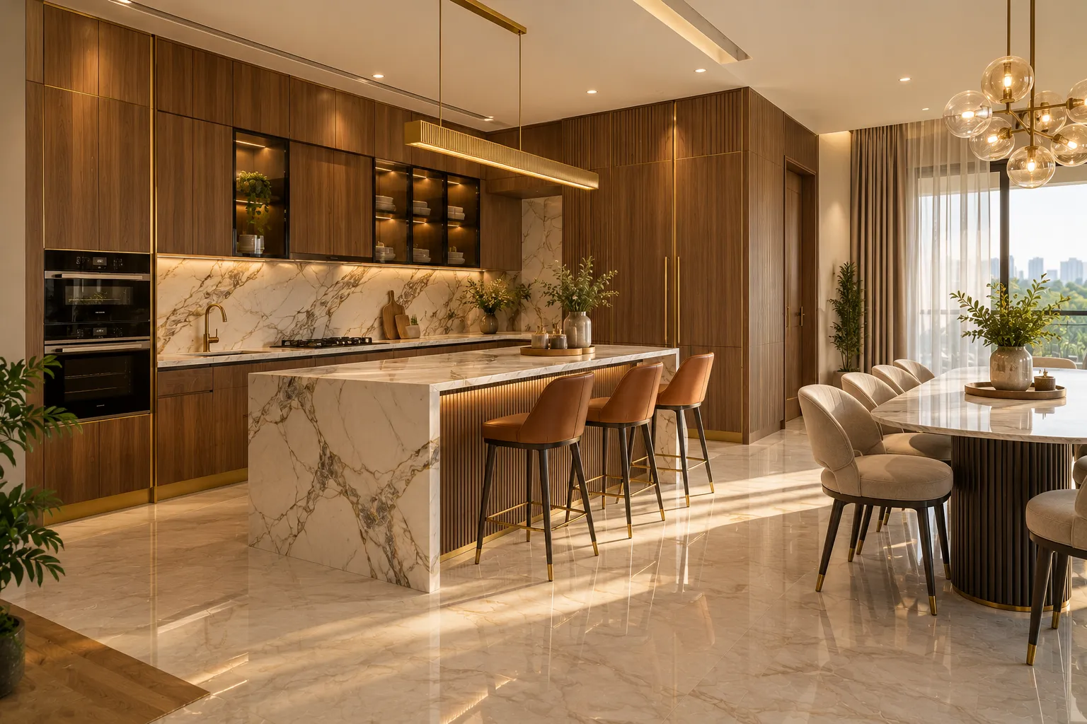 Aarohan signature luxury kitchen with walnut fluted cabinets, Calacatta marble island and designer dining by GKD
