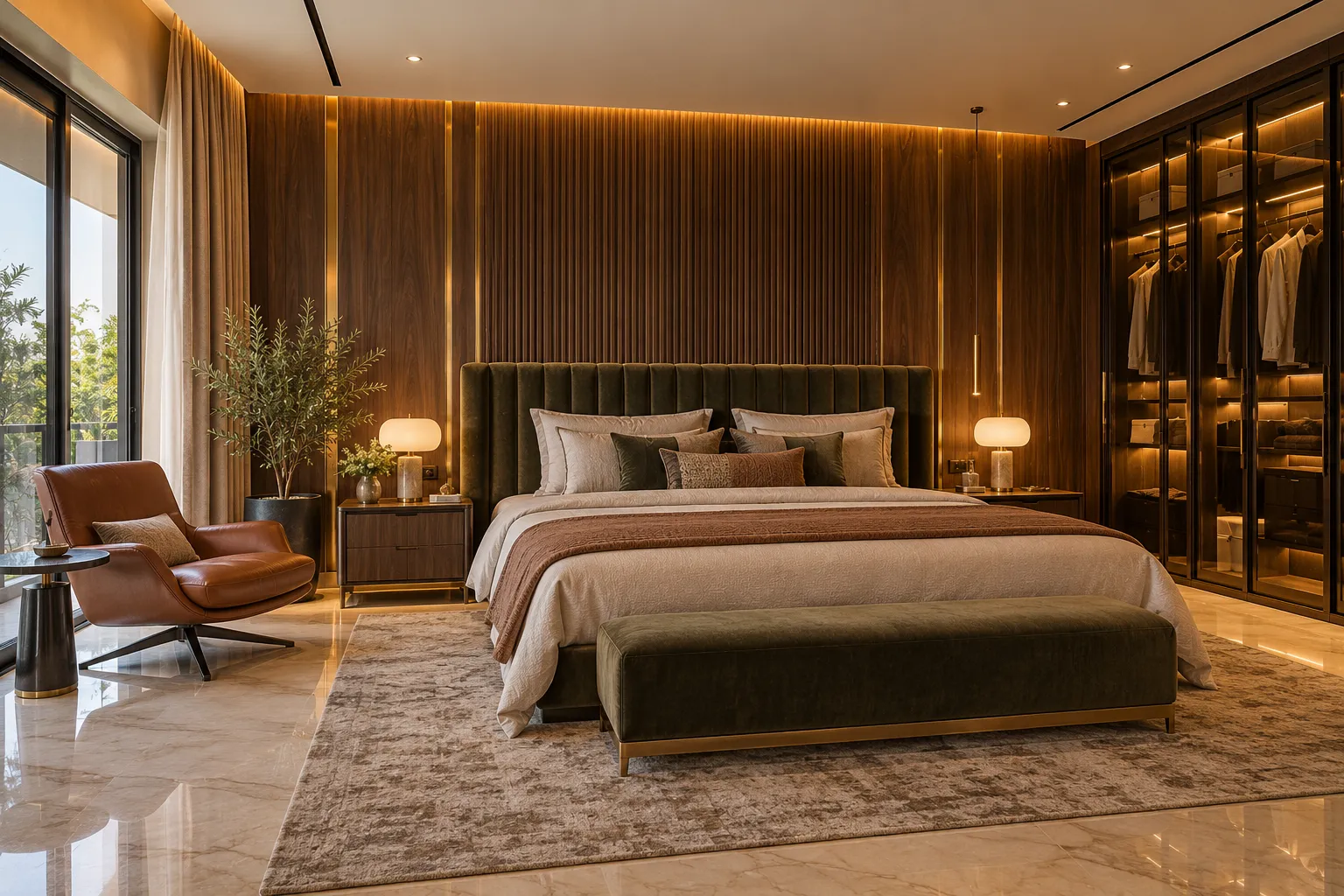 Aarohan master bedroom with olive velvet bed, walnut fluted wall and lit glass wardrobe