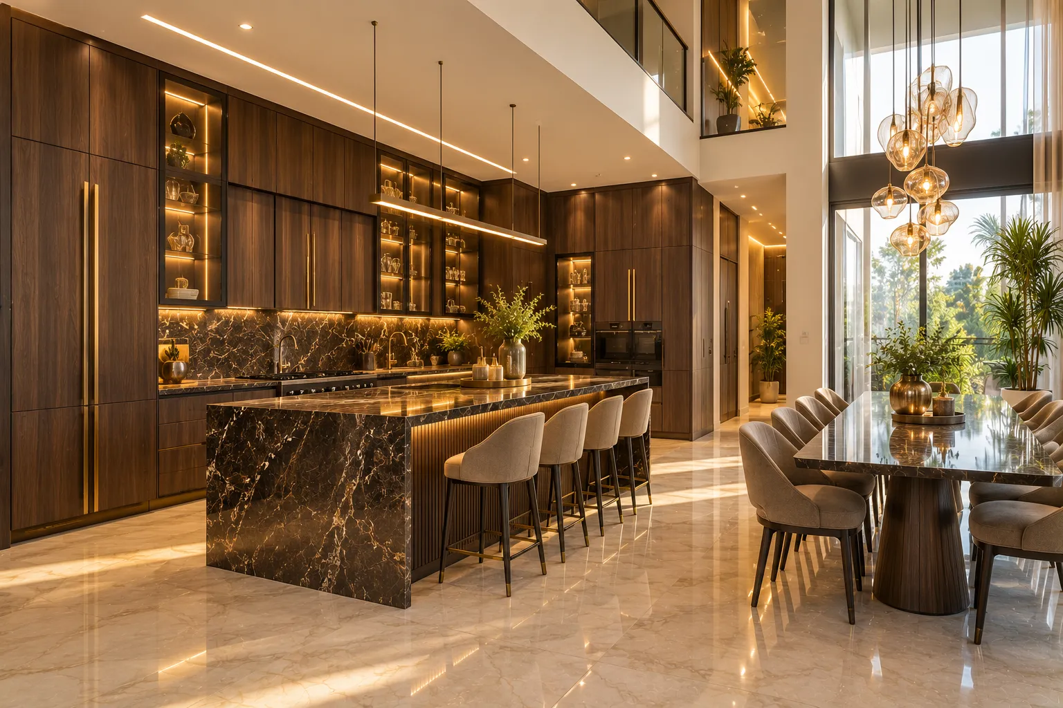 Anant bespoke luxury kitchen with smoked oak cabinetry, Emperador marble island and glass chandelier by GKD