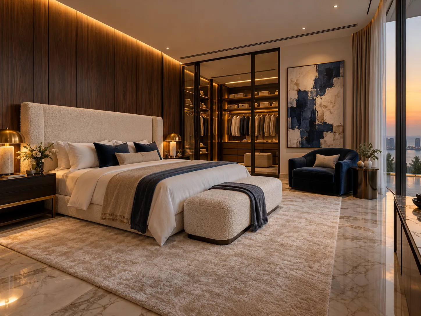 Anant bespoke master suite with ivory bouclé bed, walnut panelling and glass walk-in wardrobe