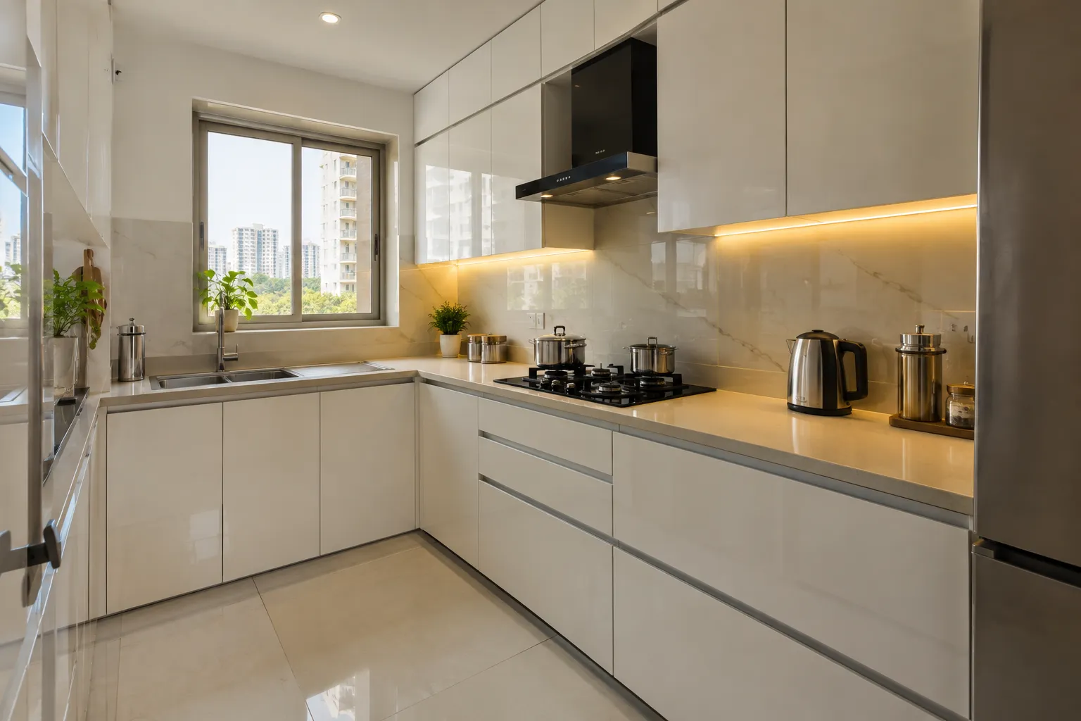 Aabha compact L-shaped kitchen in white high-gloss acryglass