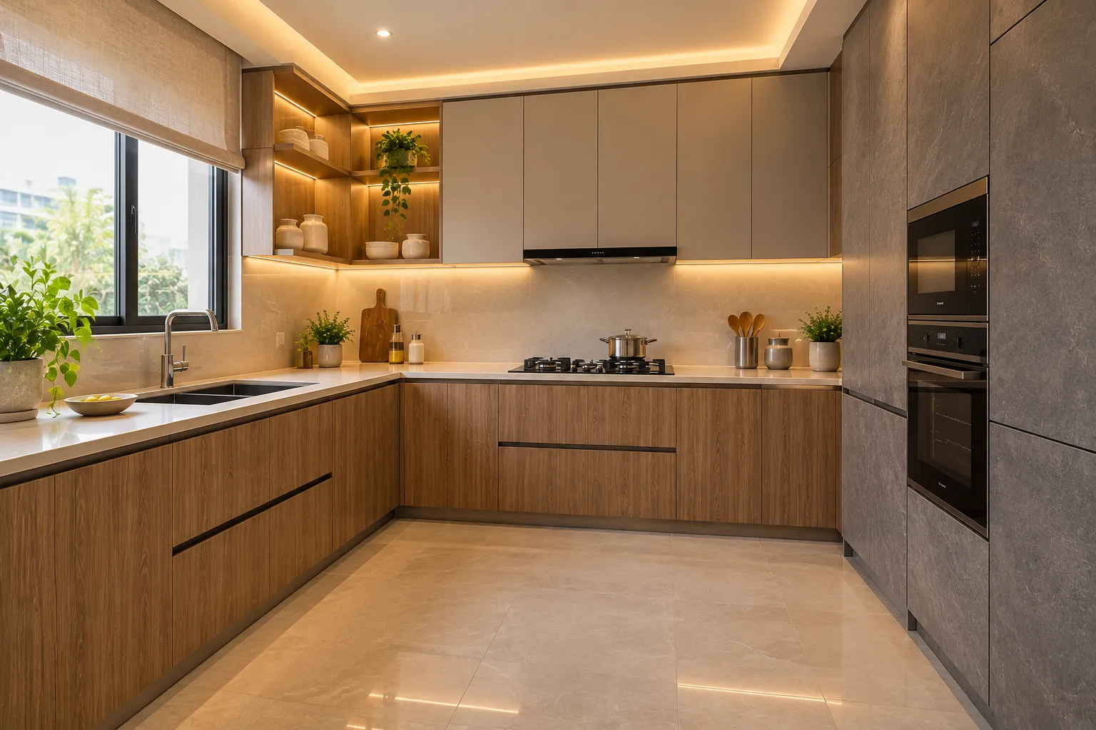 Aaranya L-shaped kitchen in textured woodgrain laminate with open wooden shelves