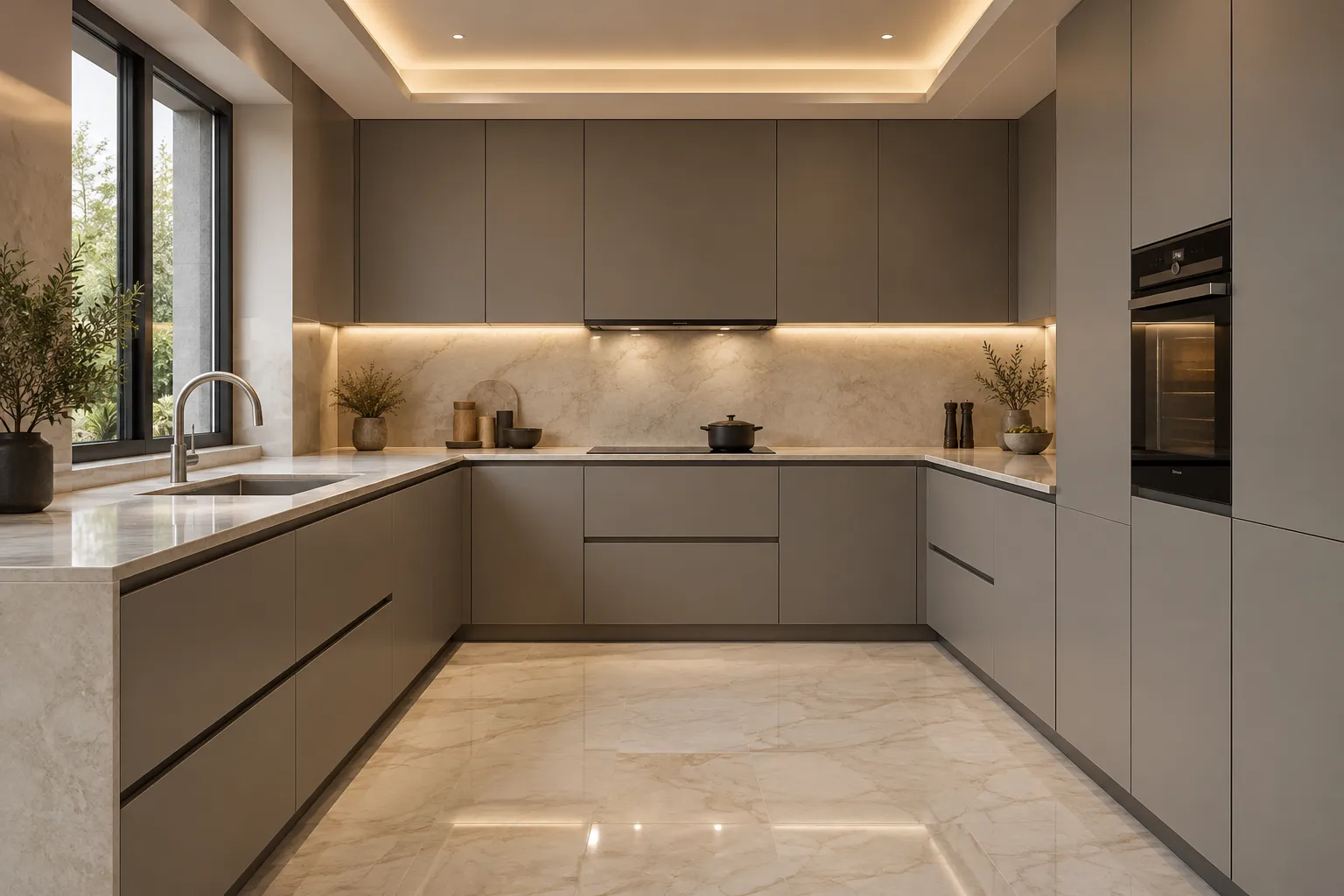 Aaroh U-shaped kitchen in ultra-matte grey with tall built-in oven unit