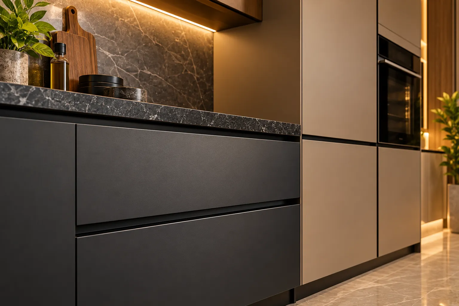 Close-up of Aaroh ultra-matte Fenix and Senosan kitchen shutters with stone backsplash