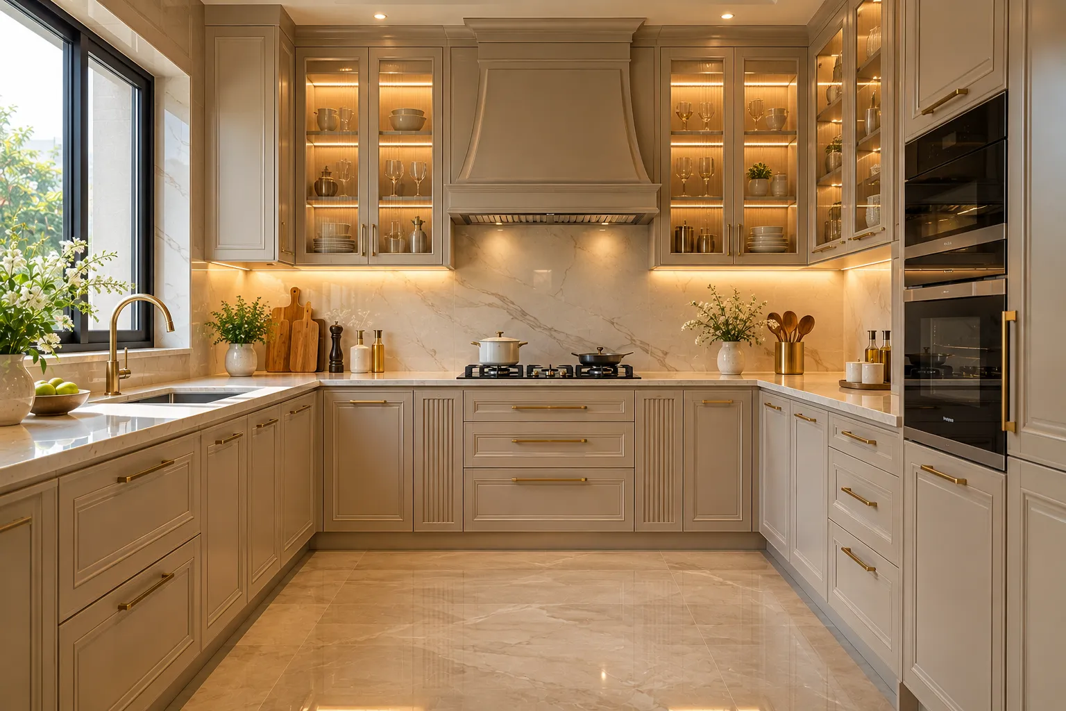 Nazakat U-shaped classic kitchen in beige PU finish with glass-front cabinets