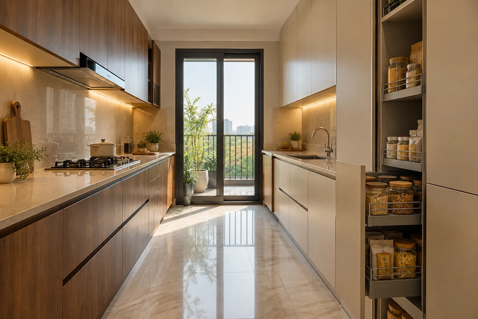 Saarth parallel laminate kitchen with walnut and cream finishes and pull-out pantry