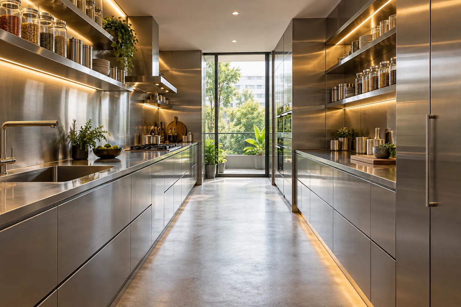 Vajra parallel stainless steel kitchen with brushed steel shutters and open shelves by GKD