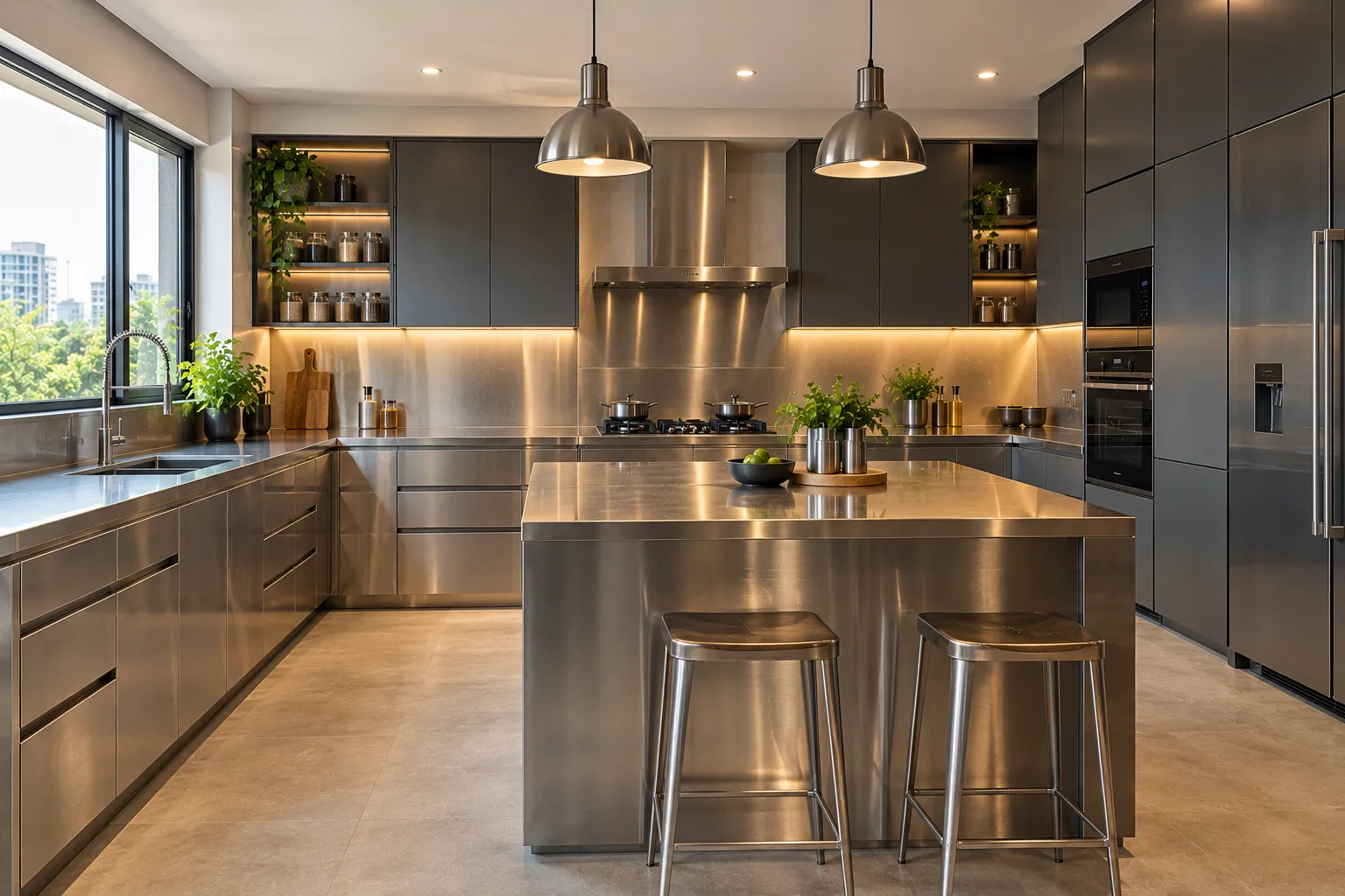Vajra engineered luxury kitchen with stainless steel island and GI metal units
