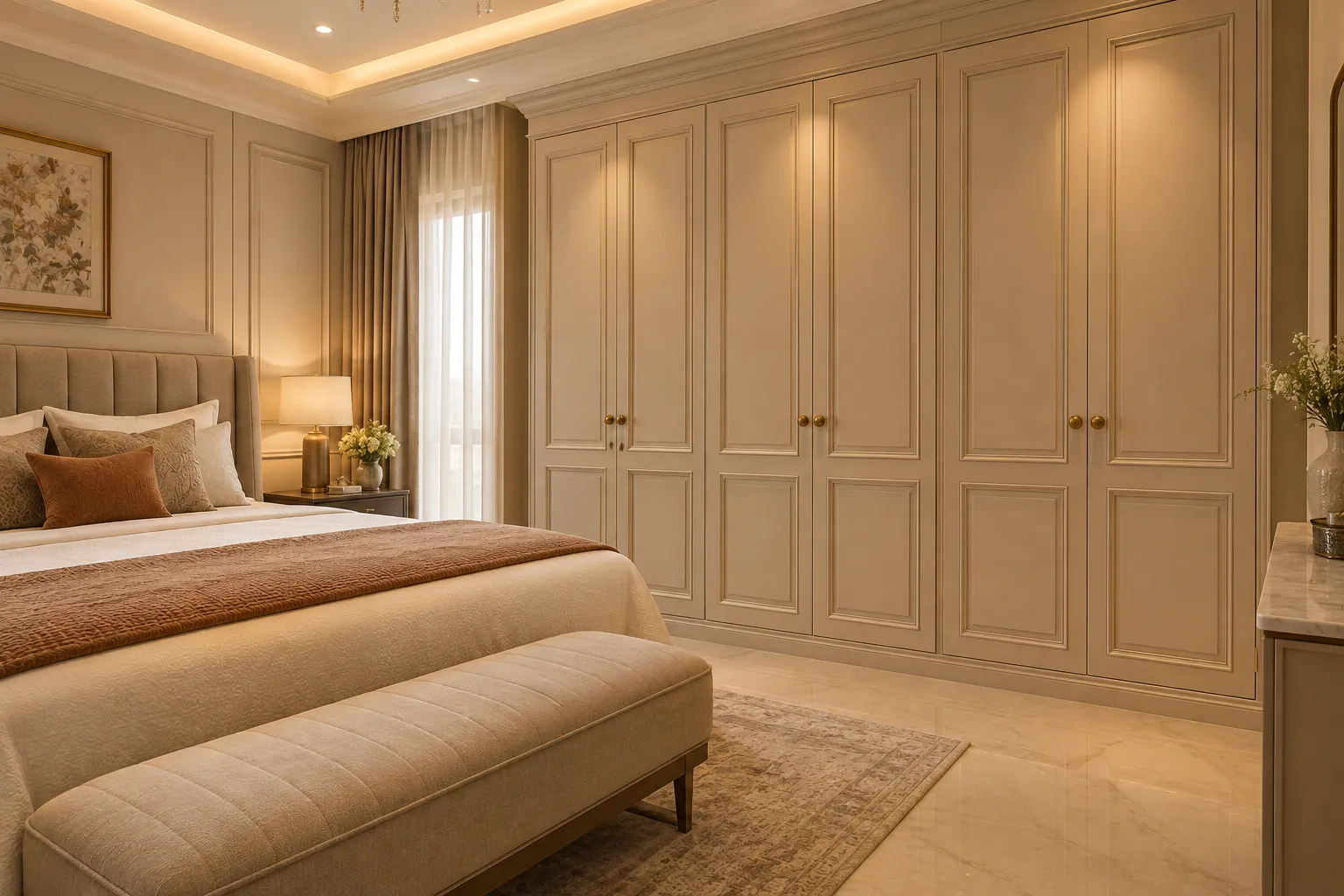 Ada classic wardrobe in beige PU finish with raised panel doors and brass knobs