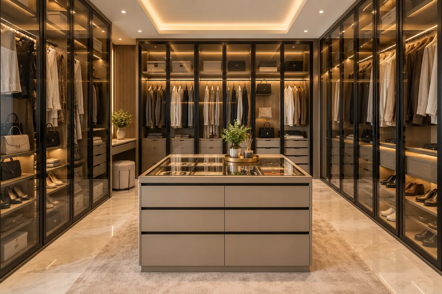 Aks walk-in wardrobe with black glass profile shutters and central island