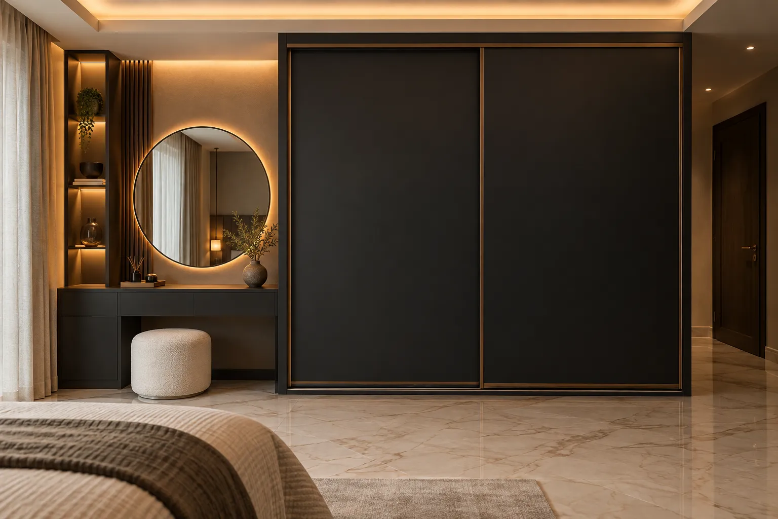 Anvaya sliding wardrobe in ultra-matte black Fenix with backlit round mirror dresser