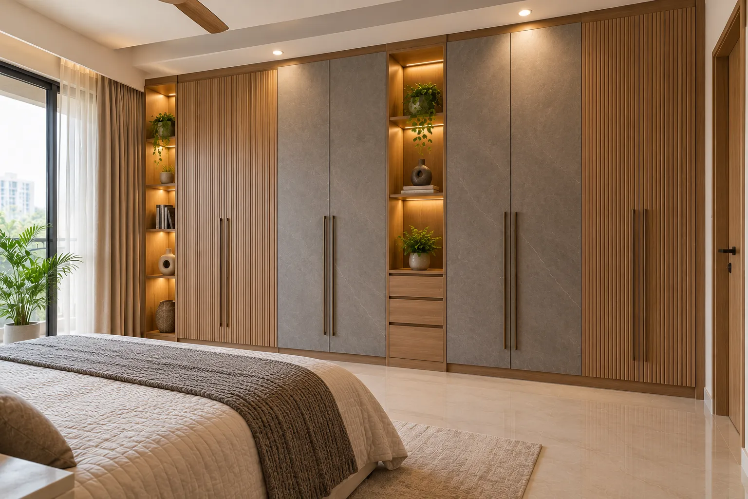 Aranya wardrobe in textured woodgrain and grey stone-look panels with lit niches