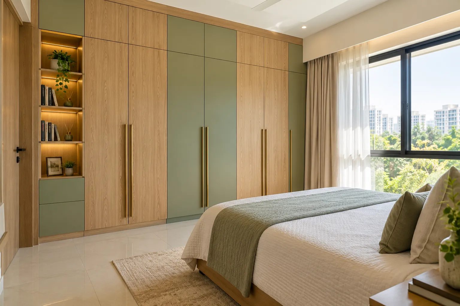Sahaj essential wardrobe in light oak and sage green laminate with brass handles by GKD