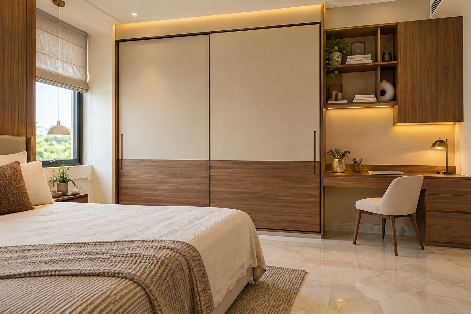 Sahaj sliding wardrobe in cream and walnut laminate with built-in study desk