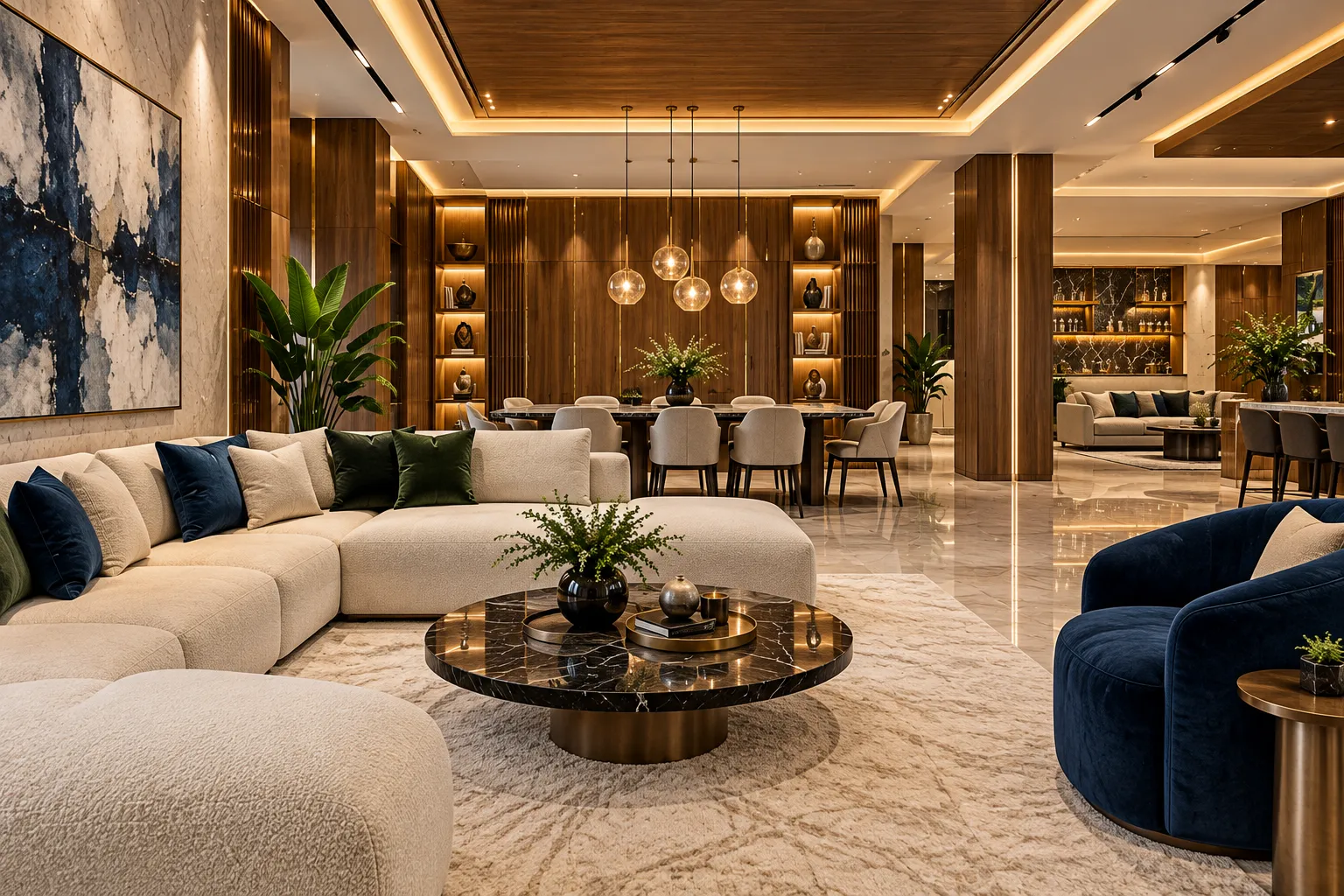 Anant bespoke luxury living room with custom panelling and backlit shelving by GKD